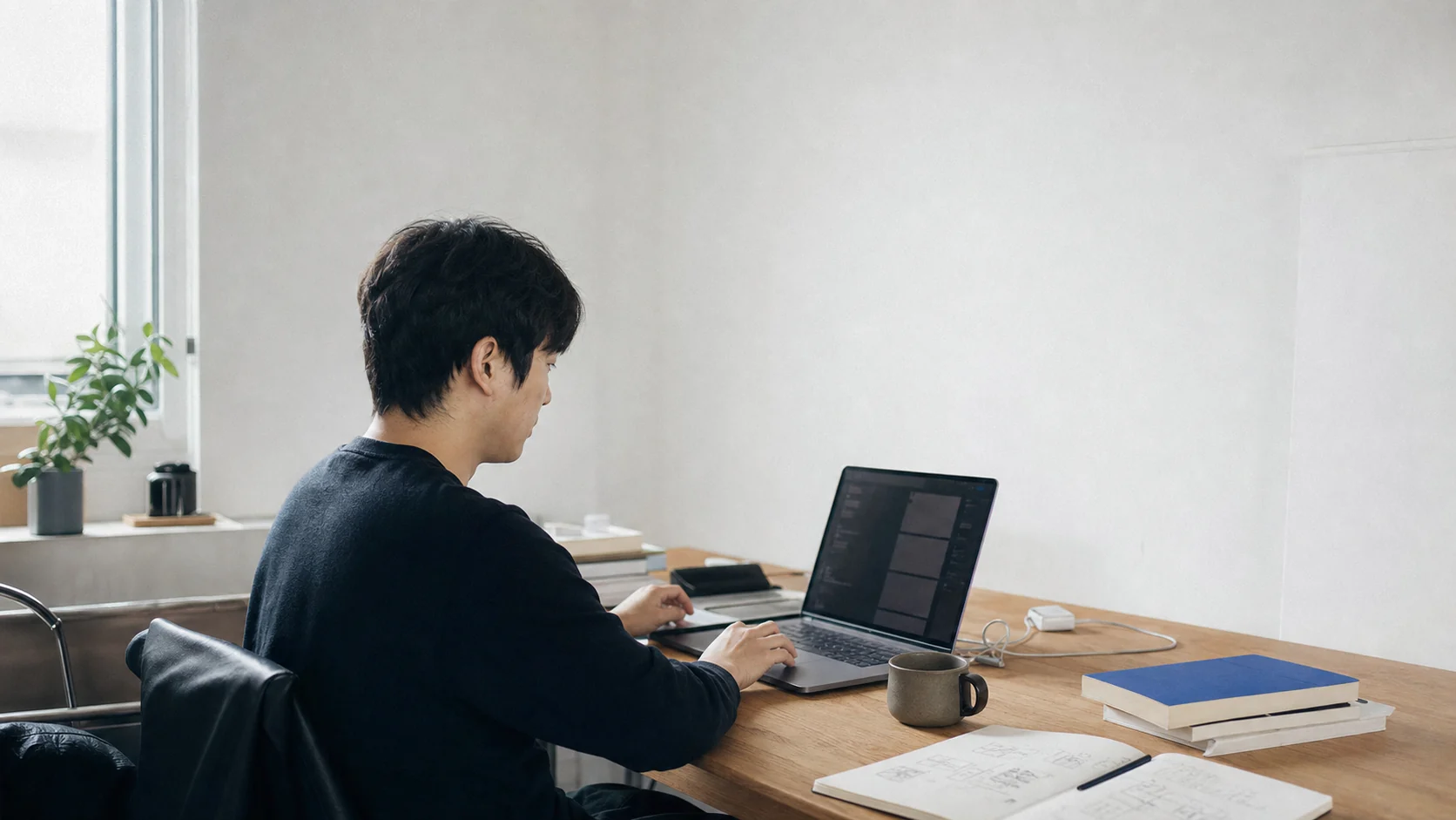밝은 작업실에서 노트와 노트북으로 작업하는 창작자